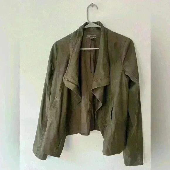VINCE Scuba Asymmetrical Lambskin Leather green khaki suede Jacket Size large - Picture 9 of 16